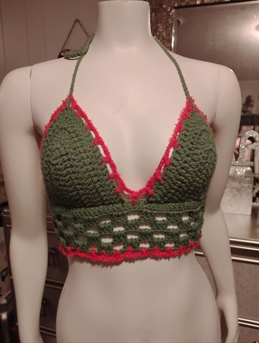 Handmade Green Crochet Bralette with Pink Trim